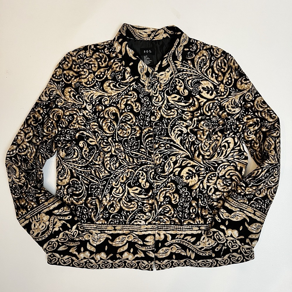 R.Q.T Linen Blazer Jacket Womens 18 Tan Black Paisley Print Single Breasted